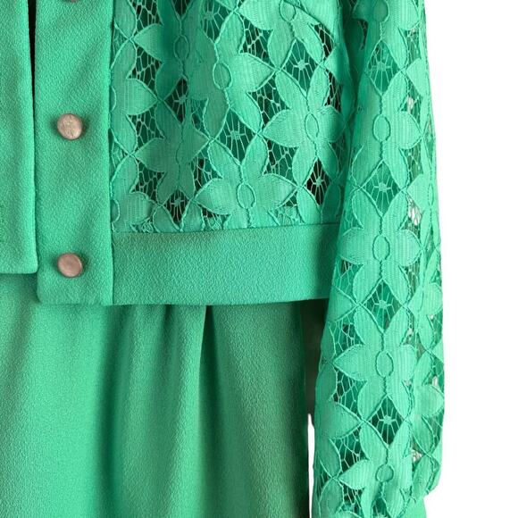 Vintage 60s Green Lace Bodice Sleeveless Sheath Dress w/ Matching Crop Jacket, M - Picture 10 of 16